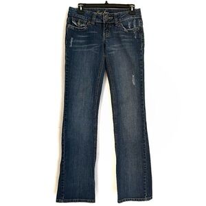 Guess Jeans Doheny Flare Blue Jeans Pants Low Rise Real Pockets Gold Distressed